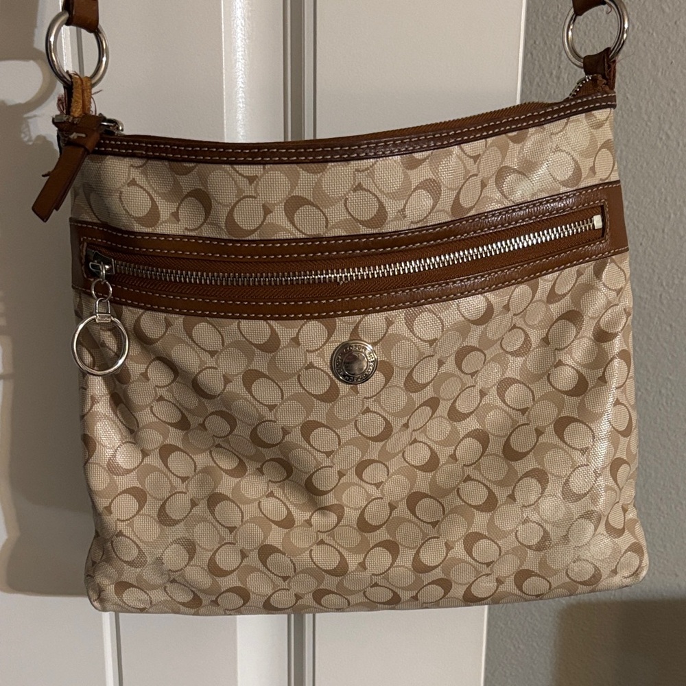 Coach Beige and Brown Signature Shoulder Bag